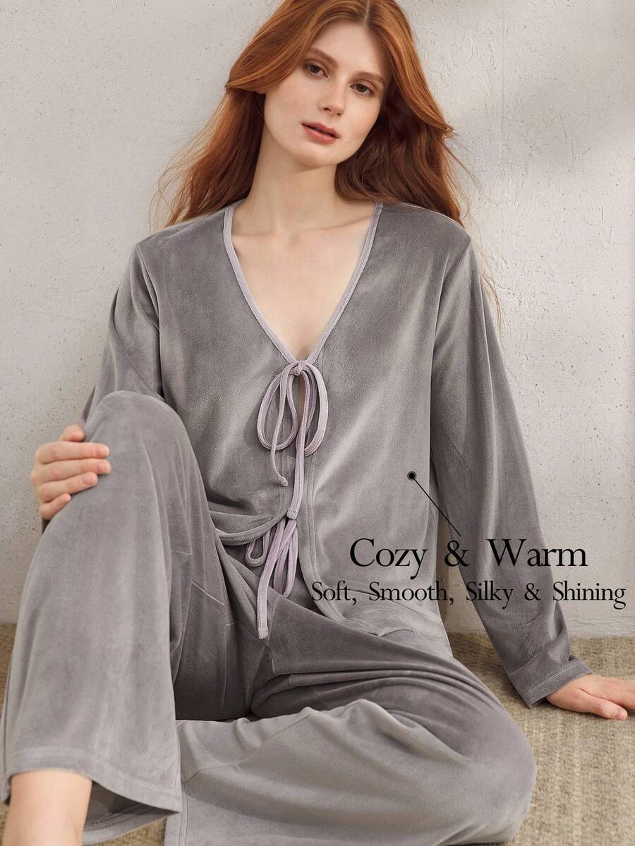 Ocili Set de pijamale pentru femei, 2 buc, cu mânecă lungă și pantaloni largi, casual, cu nod în față, set de pijamale moi, haine de toamnă