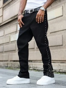 PAVTROS 男士铆钉装饰口袋休闲喇叭裤牛仔裤 男士黑色水钻牛仔裤 男士黑色铆钉牛仔裤 男士黑色银色铆钉牛仔裤 - 黑色 - 查看 6