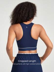 GLOWMODE Sleeveless Contrast Striped Racerback Cropped Sports Tank Low Impact Yoga Studio Gym Daily Summer - Navy Blue - View 2