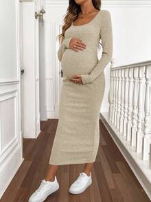SHEIN 孕妇纯色简约长袖休闲连衣裙