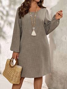 EMERY ROSE 秋季大码女式纯色圆领长袖休闲连衣裙 - 棕色 - 查看 2