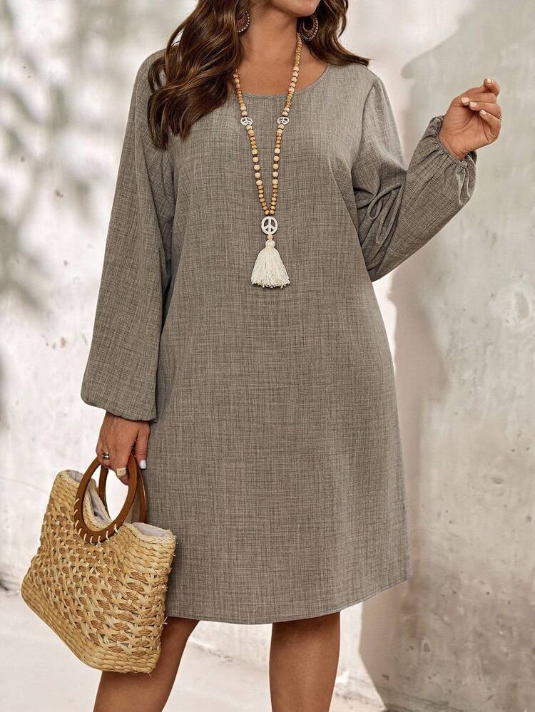 Plus Size Women Fall  Casual Vacation  Solid Color Crew Neck Long Sleeve Casual Dress, Autumn,Country  Clothing Outfits,Fall Women Clothes,Vacation Outfits Women,Simple And Fashionable For Everyday Wear,Fall Clothes For Women,Vintage,Going Out Outfits, New Clothes,Fall Dresses For Women,Flowy Dress, Women Clothes,Spring/Summer