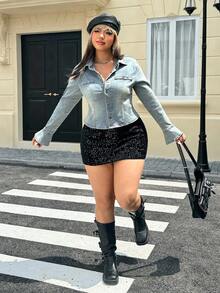 SHEIN EZwear 大码女式休闲运动芭蕾风格褪色蓝色牛仔衬衫 - 淺色水洗藍 - 查看 8