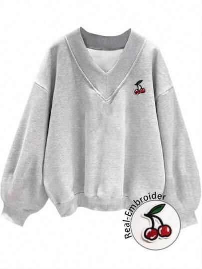 SHEIN EZwear 女士 V 领超大可爱樱桃刺绣图案宽松休闲运动衫，适合街头风格、户外穿着、秋冬季 Y2K