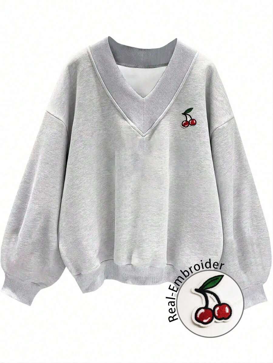 SHEIN EZwear 女士 V 领超大可爱樱桃刺绣图案宽松休闲运动衫，适合街头风格、户外穿着、秋冬季 Y2K