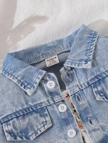 SHEIN Vintaside Kids 2 件套女婴牛仔碎花夹克和连衣裙休闲套装，适合秋季户外穿着 - 彩色 - 查看 6