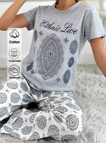 SHEIN Cottnline 100%Cotton 2Pcs/Women Retro Pattern Detail Homewear Pajama Sets - Grey - View 1