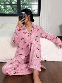 SHEIN Dream Adore 粉色条纹樱桃印花翻领长袖睡衣套装，女士秋冬服装 - 粉色 - 查看 6