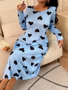 SHEIN 女士休闲爱心印花圆领长袖T恤睡衣，秋冬季舒适优雅细节 - 彩色 - 查看 6
