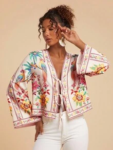 Travachic Áo sơ mi dài tay thường ngày in họa tiết hoa và vẹt buộc phía trước dành cho nữ, phong cách Boho nhiệt đới thường ngày dành cho nữ, mùa thu dành cho nữ, mùa thu sang trọng, đi chơi, thanh lịch, phong cách đồng quê dành cho nữ - Hồng - Xem 7