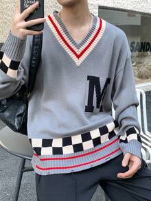 Claim Dot Men's V-Neck Letter & Checkered Pattern Long Sleeve Pullover Sweater Checkerboard Sweater V-Neck Sweater