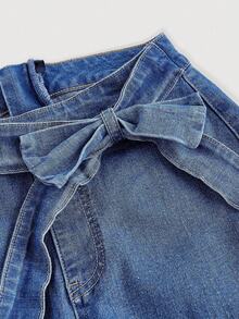 Sweetra Commuter Casual Tie Bow Elastic Denim Flare Pants - Dark Wash - View 3