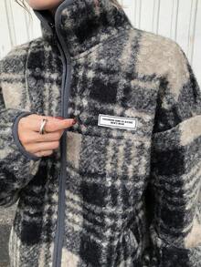 FRIFUL Women's Plaid Warm Drop Shoulder Casual Zip-Up Jacket Oversized Jacket Plaid Jacket Winter Coat Grey Jacket Checkered Jacket