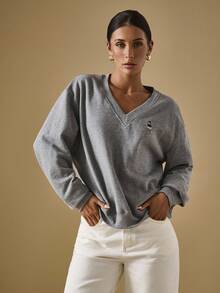 Briarwyn Fall Women's Solid Color Casual Loose Fashion Versatile V-Neck Embroidered Sweatshirt,Fall For Women,Back To School,Fall Women Old Money Style Women Casual - Dark Grey - View 2