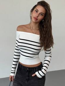 Aloruh 女士新款秋冬露肩简约时尚街头潮流撞色黑白条纹修身短款针织上衣 - 白色 - 查看 4