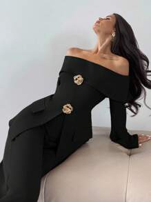 Firerie 2 件套女士优雅露肩长袖上衣和裤子套装，适合秋冬季通勤 - 黑色 - 查看 8