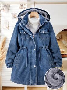 SHEIN 青少年女孩休闲连帽牛仔夹克，抽绳腰部，斜插口袋，松紧袖口，适合上学、购物、散步、旅行，可搭配长袖毛衣、运动裤、长裤 - 藍色 - 查看 3