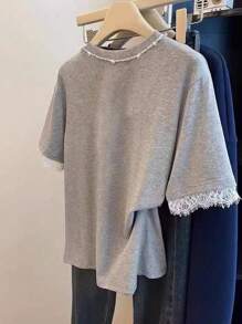 Damen Große Größen Sommer T-Shirt mit rundem Ausschnitt, Kurzarm und Kontrast-Spitze, Lässig