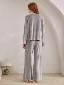 Ocili Set de pijamale pentru femei, 2 buc, cu mânecă lungă și pantaloni largi, casual, cu nod în față, set de pijamale moi, haine de toamnă