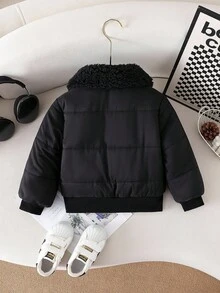 SHEIN Young Girl' Casual Cool Black Quilted Fabric Patchwork Faux Fur Collar & Lining Thick Padded Coat, Autumn/Winter Fall - Black - View 2