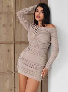 EURMUSE Women's Autumn Simple Ruched One-Shoulder Bodycon Dress - Beige - View 5