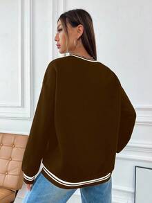Flirla Women's Autumn Dropped Shoulder Long Sleeve Basic V-Neck Sweatshirt, Collegiate Style - Brown - View 2