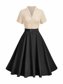 Velvienne 春夏季女士大码A字衬衫领通勤短袖连衣裙 - 黑色 - 查看 4