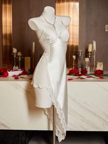 SilkySpell 性感蕾丝拼布吊带裙，女士迷人睡袍 - 白色 - 查看 7