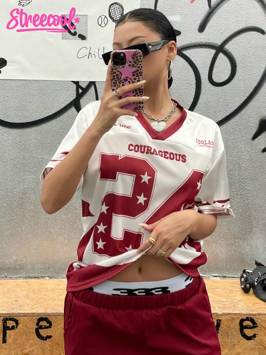 SHEIN Explorewe Teenager Mädchen Outfit mit Zahlen-Muster V-Ausschnitt Kurzarm T-Shirt und Hose, Lässig