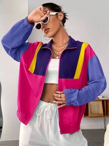 SHEIN EZwear Chaqueta con cremallera de hombros caídos y bloques de color de primavera para otoño/invierno - Multicolor - Ver 5