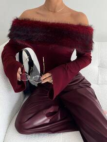 Siren Gaze Women's Elegant Burgundy Faux Fur Off Shoulder Top,Autumn Winter Night Out Christmas Party Luxury Fluffy Long Sleeve Ribbed T-Shirt,Graduation Chic - Mocha Brown - View 2