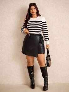 Elaquor Váy xòe da PU viền bất đối xứng màu trơn cỡ lớn cho nữ - màu đen - Xem 6