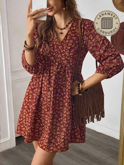 LanaWest Vestido casual de mujer LanaWest de estilo occidental, de pana, con estampado, de corte holgado, con hombros caídos y silueta de muñeca para otoño