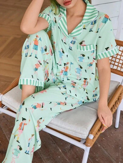 Dream Adore 女士泡泡皱卡通印花翻领条纹拼布短袖睡衣套装