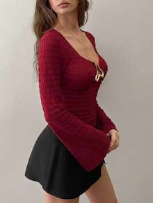 SHEIN Unity Y2K Sexy Decorative Button Flare Sleeve Versatile Commuter Top Fall Cloth For Women - Burgundy - View 5