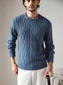 Manfinity CityGents 男士休闲针织圆领长袖毛衣，秋冬男士麻花针织毛衣蓝色毛衣