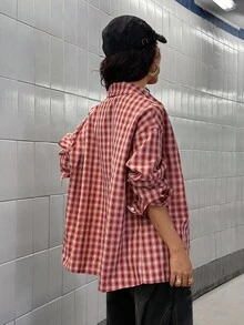 StreetHx 女式前扣落肩长袖格子休闲衬衫，百搭街头服饰 - 紅色 - 查看 2