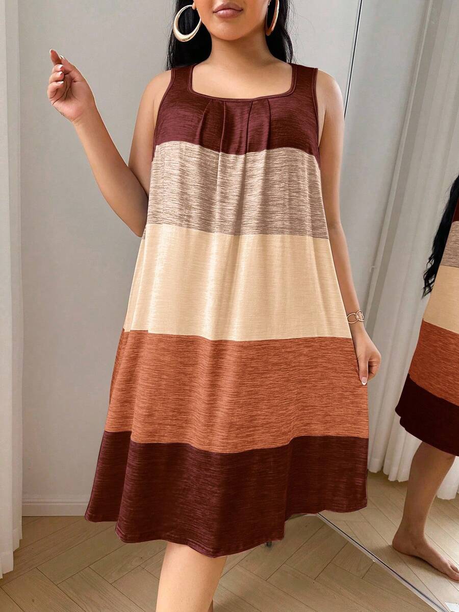 SHEIN Camisón informal de talla grande con estampado de rayas de colores, Camisón tipo "Moo Moo" - Marrón Mocha - Ver 1