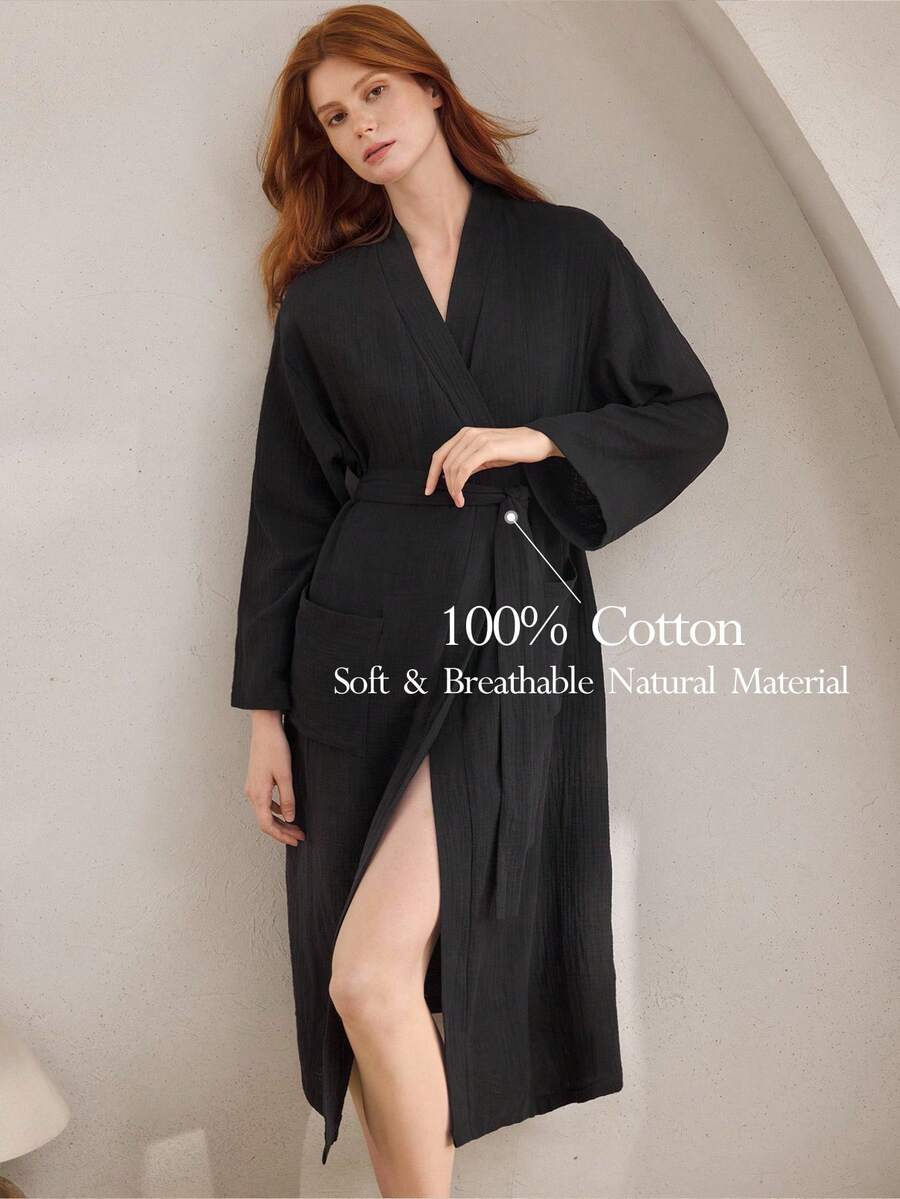 Ocili Áo choàng tắm nhiều lớp ren cotton mềm mại dành cho nữ, đồ ngủ thoải mái, đồ mặc nhà, cho mùa thu và mùa đông, trang phục ấm áp - màu đen - Xem 1