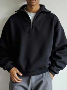 Manfinity EMRG 男士金属半拉链领落肩宽松黑色四分之一拉链套头卫衣，纯色，秋冬款 - 黑色 - 查看 2
