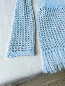 Elamini Women's Vacation Long Sleeve Top And Fringed Hem Knit Skirt 2 Pieces Set - Baby Blue - View 3