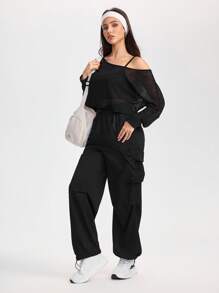 Gameset SHEIN Sport 女式宽松蝙蝠袖不对称肩部健身跑步户外运动 T 恤透明上衣，透视网眼上衣，适合外出 - 黑色 - 查看 6