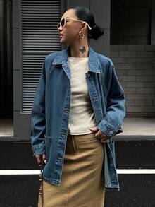 DAZY 女式休闲牛仔夹克，翻领插肩袖，秋季 - 藍色 - 查看 5