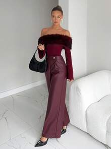 Siren Gaze Women's Elegant Burgundy Faux Fur Off Shoulder Top,Autumn Winter Night Out Christmas Party Luxury Fluffy Long Sleeve Ribbed T-Shirt,Graduation Chic - Mocha Brown - View 4