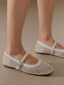 Styleloop Damen Outdoor Runde Zehenkappe Aprikose Gewebtes Mesh Stoff Mode Minimalistisch Komfortabel Atmungsaktiv Schnallenverschluss Flache Schuhe