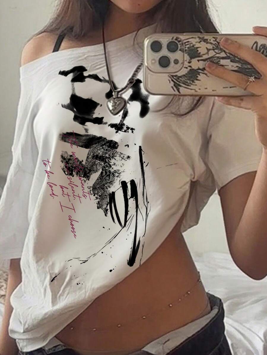 SHEIN EZwear Áo thun nữ dáng rộng, in họa tiết tối giản, giản dị, hở vai - Nhiều màu - Xem 1