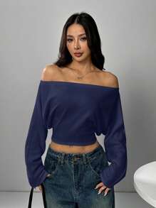 SHEIN EZwear 大码休闲纯色露肩短款运动衫 - 藏蓝色 - 查看 5