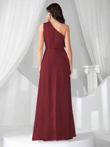 Coutiva 新款时尚优雅修身斜领无袖连衣裙 - 酒紅色 - 查看 2