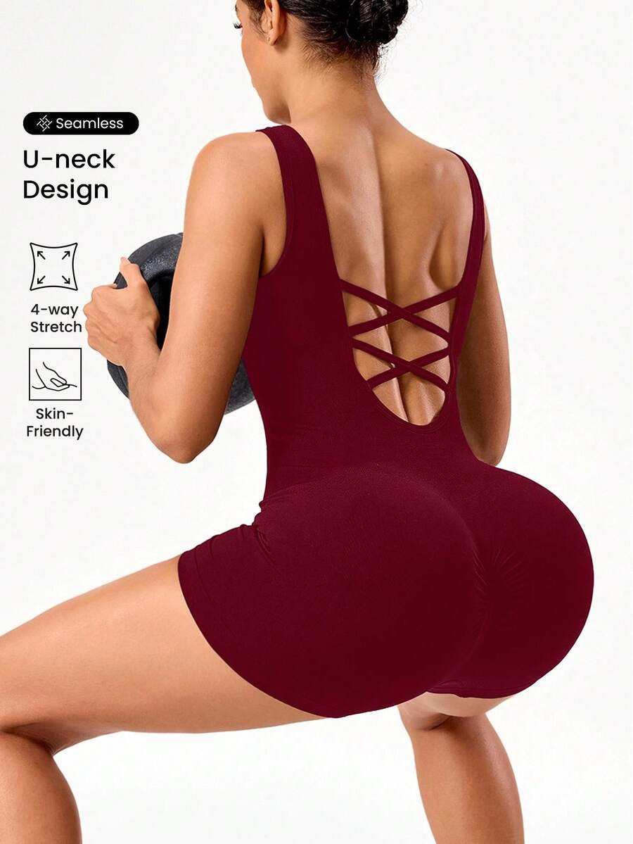 Seamluxe SHEIN Sport Macacão Shapewear Minimalista Sem Costura com Decote Transpassado para Mulheres