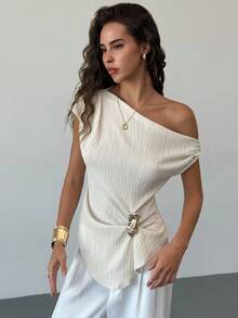 Aloruh Women's Solid Color Pleated Asymmetric Shoulder Fashion Blouse,Summer Top - Apricot - View 5